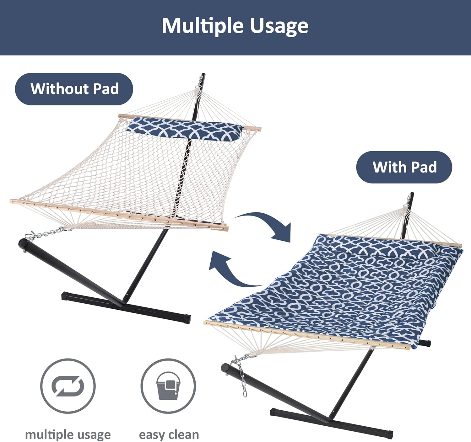 SUNCREAT Polyster Double Portable Hammock with Stand Included,Extra Large Two Person Hammock, Blue Pattern