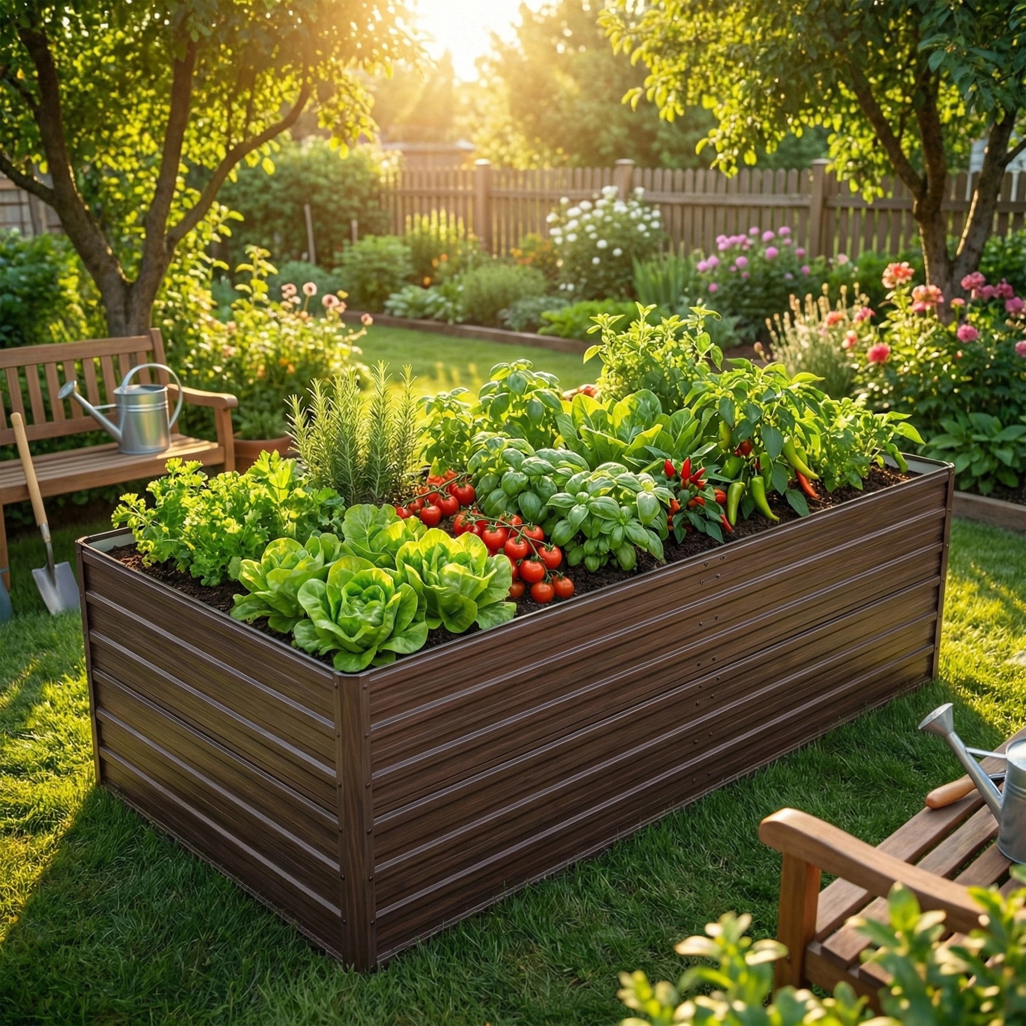 Brown Woodgrain Galvanized Steel Raised Garden Bed 7.2×3.6×2FT, Large Open Bottom Outdoor Planter Box for Vegetables Fruits Herbs, Installation Gloves Included