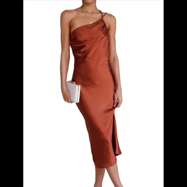 Vestido de Mujer con Tirantes, Cintura Media, Color Liso, Espalda Baja, Lazo, Elegante, con Hombros Descubiertos y Medio. Marrón S