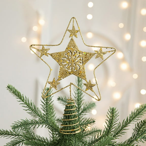 Gold Glitter Star Tree Topper - Christmas Tree Toppers Xmas Glitter Red Hollow Star Treetop Topper for Christmas Tree Ornament