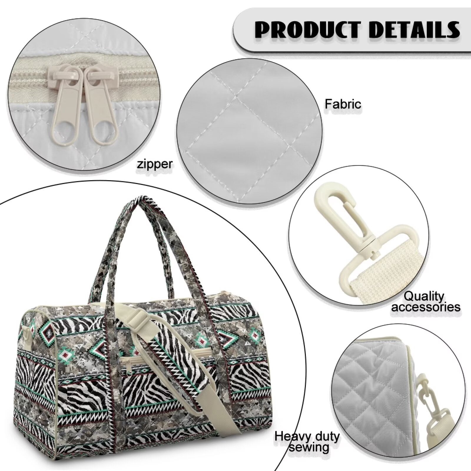 Garronmavis Large Quilted Duffle Bag for Women Tribal Zebra Print Weekender Travel Overnight Bag Carry On Gym Dance Tote with Zipper Pockets