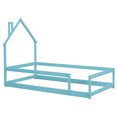 thumbnail image 3 of Kids Montessori Floor Bed, Twin Size Wooden Floor Bed Frame with Fences Guardrails and House Shape Headboard, Without Slats Support, Light Blue, 3 of 8