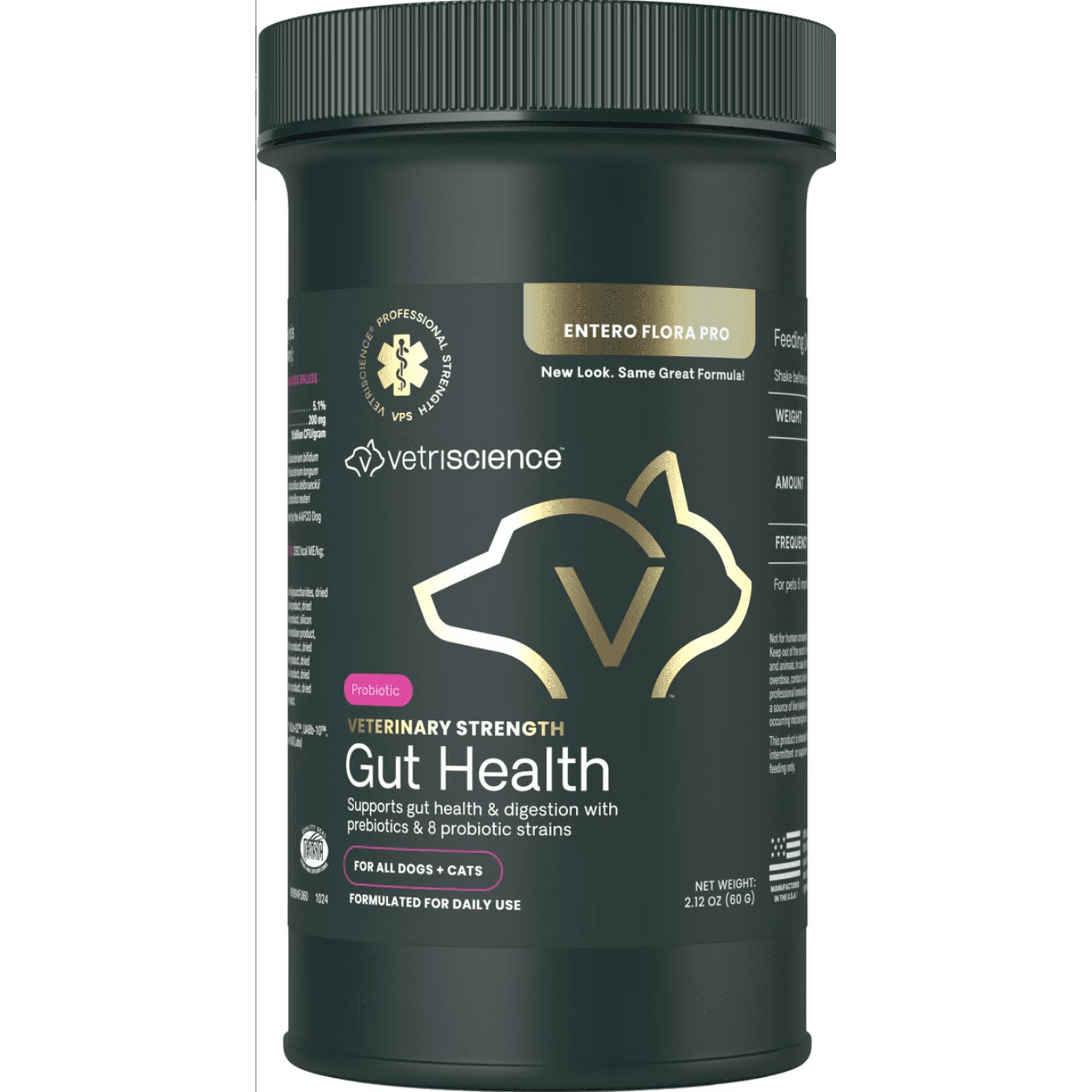 VetriScience Gut Health Entero Flora Pro Powder Digestive Supplement for Dogs & Cats, 60 g jar