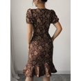 thumbnail image 2 of Coffee Brown Floral Jacquard Puff Sleeve Ruffle Hem Midi Fit & Flare Dress, 2 of 30