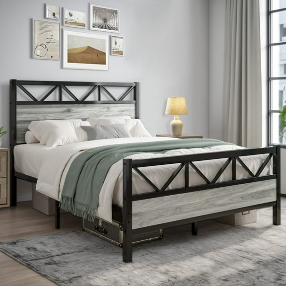 4 EVER WINNER Queen Size Bed Frame, Rustic Metal Bed Frame with 51" Wood Headboard, 12.2" Under-bed Storage Space, Gray