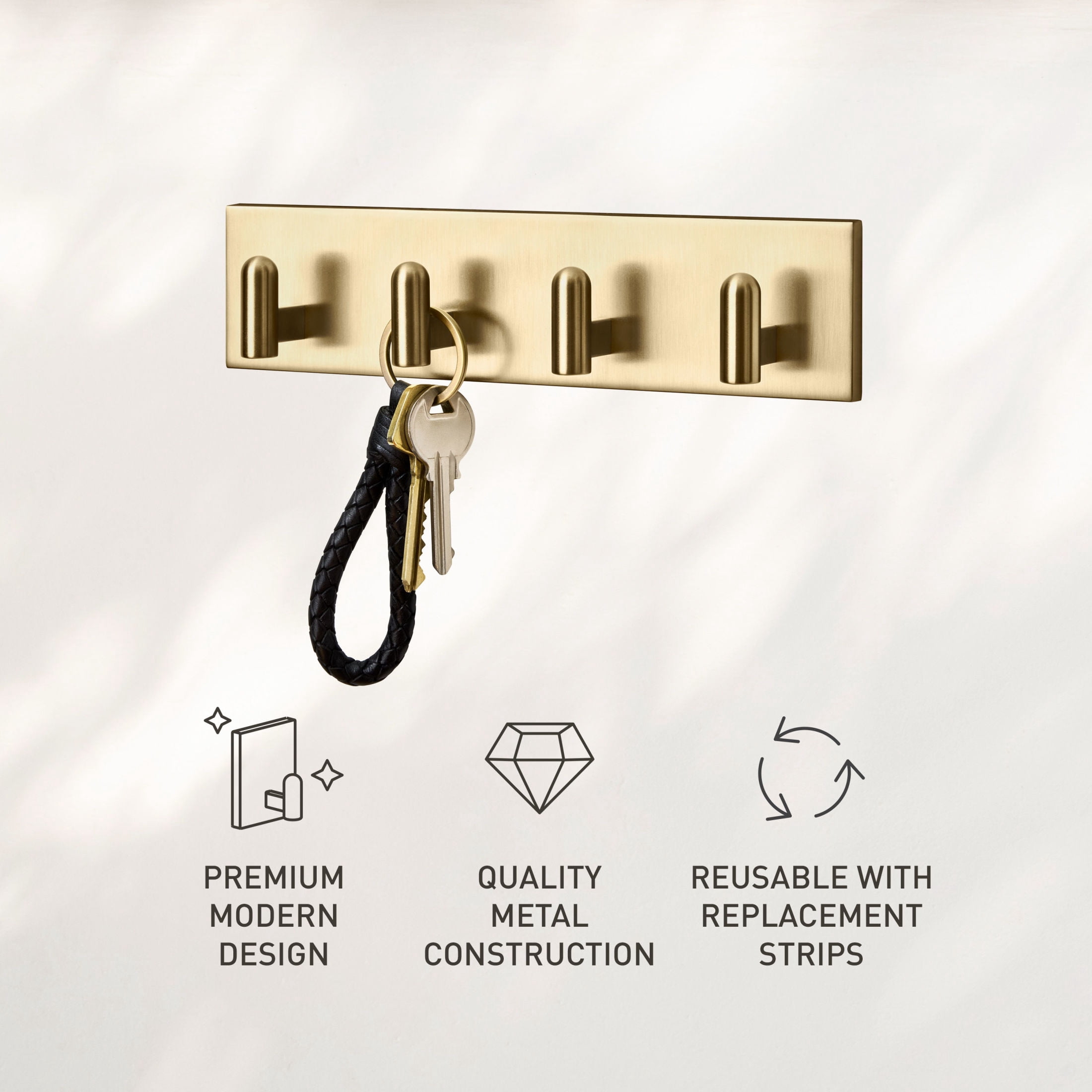 Command Decor Metal Key Rail, Brushed Brass, Strong Hold, 1 Hook Rail, 8 Small Adhesive Strips