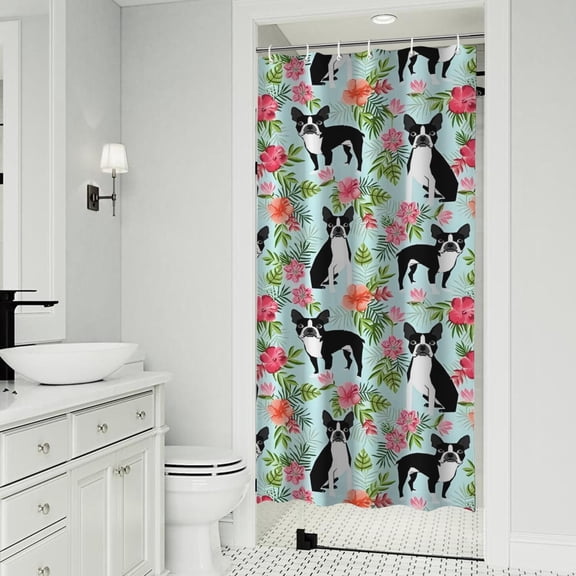 Boston Terriers and Pioneer Flower Shower Curtain 36"x72" ,Bathroom Decorative Shower Curtains Set with 12 Hooks,Modern Waterproof Washable Shower Curtain
