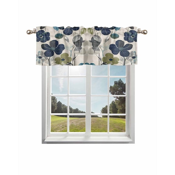 Navy Blue Green Floral Kitchen Curtain Valances for Windows Farmhouse Short Curtains, Vintage Botanical Leaves Rod Pocket Valance Curtain for Bedroom Cafe Living Room 42"x18"