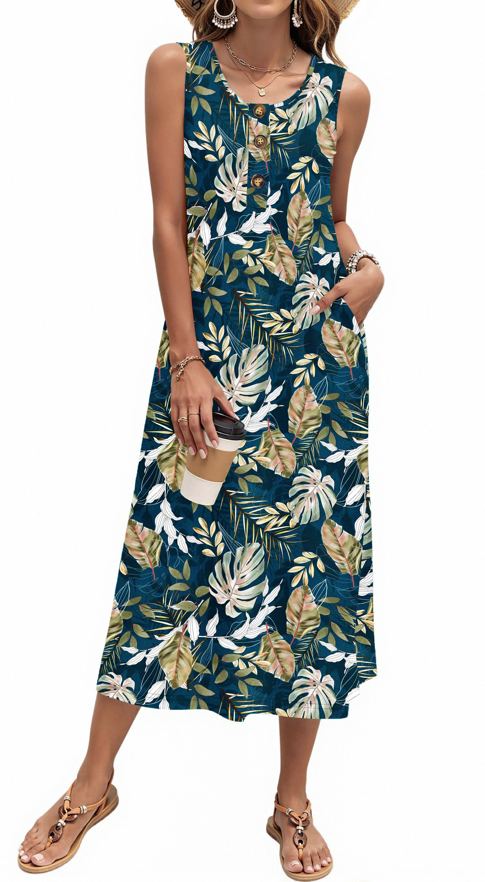 Fantaslook Long Tank Dresses for Women Summer Sleeveless Button Down Dress Casual Loose Beach Vacation Sundress
