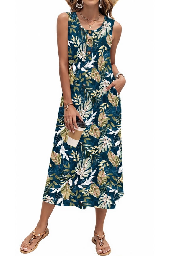 Long Tank Dresses for Women Summer Sleeveless Button Down Dress Casual Loose Beach Vacation Sundress