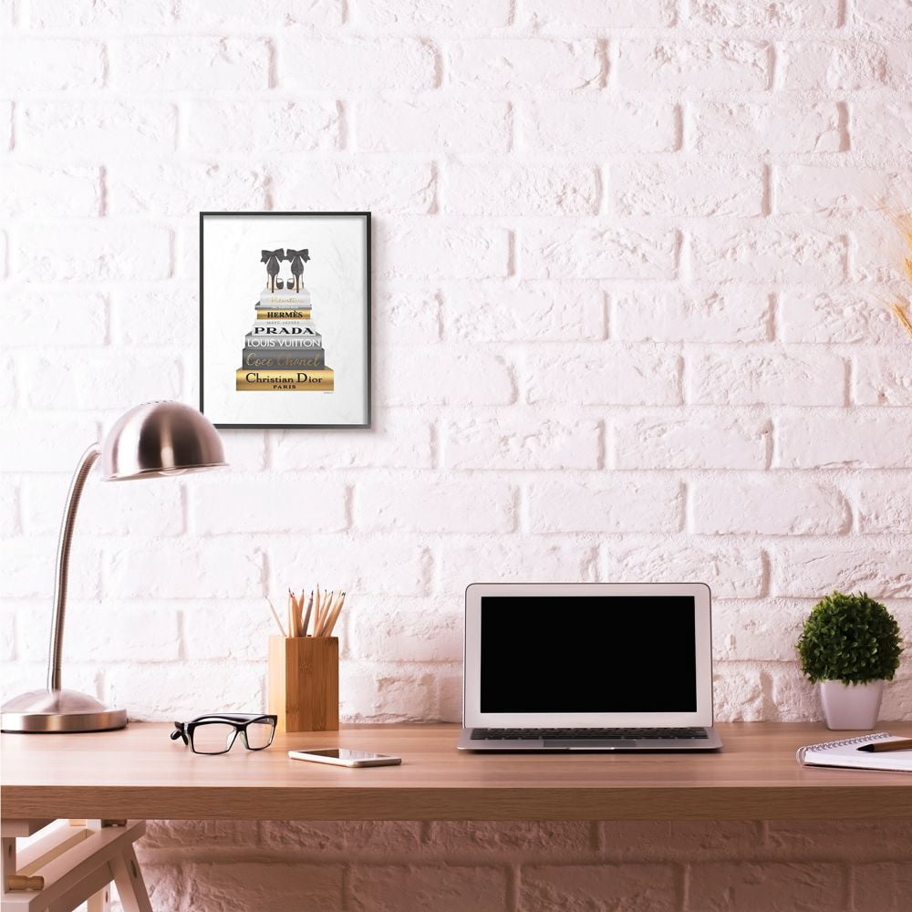 Stupell Industries Black Heels Gold Bookstack Glam Fashion Watercolor Design Framed Wall Art by Amanda Greenwood