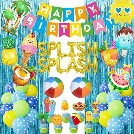 Summer Pool Beach Party Decoration, Splish Splash Birthday Bash Party Decorations Tropical Balloons Banner Cake Topper for Kids Swimming Water Luau Tropical Hawaii Party Decoration Supplies
