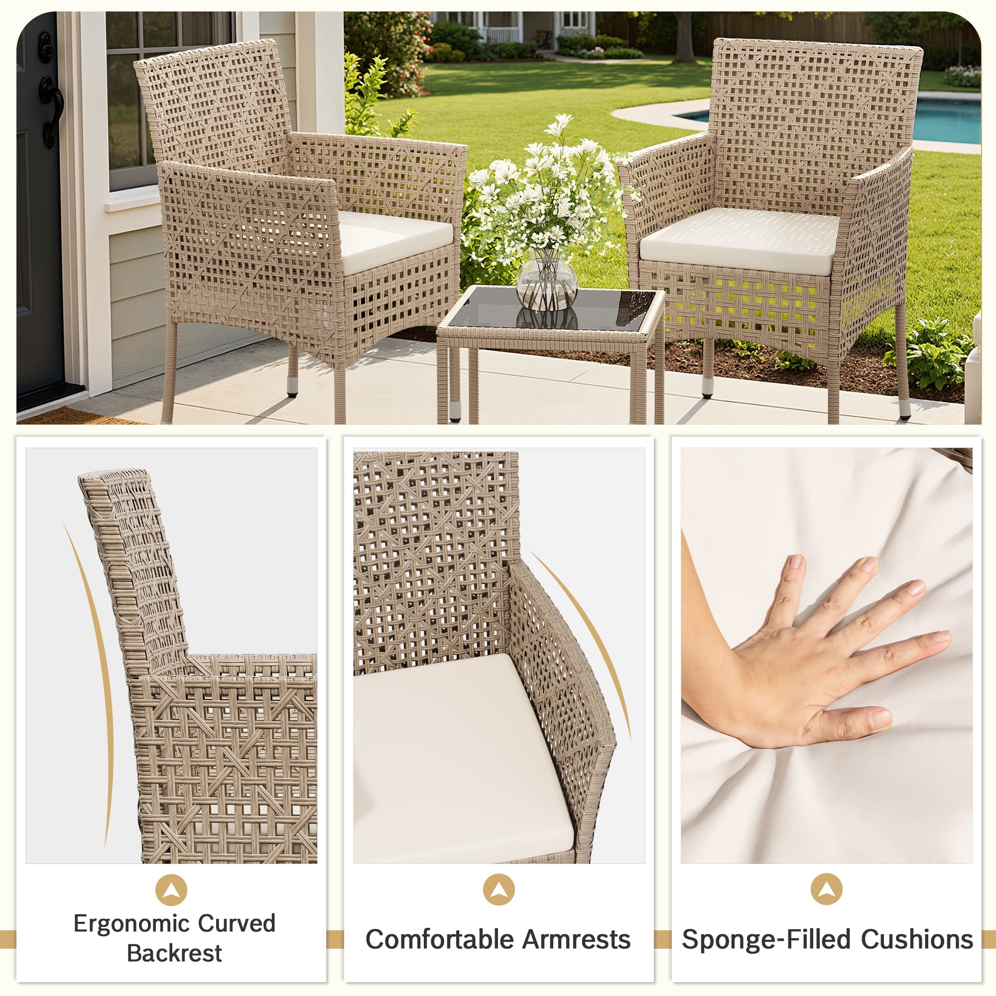 Lacoo 3 Pieces Patio Furniture PE Rattan Wicker Table and Outdoor Chairs Set of 2 with Cushioned Tempered Glass, Gray