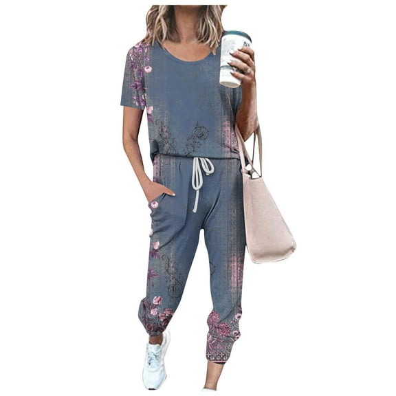 ABPWLY Lounge Sets for Women Lounge Sets for Women Vintage Floral Short Sleeve Top and Drawstring Waist Jogger Pants Outfits 2 Piece Loungewear Sets Two Piece Outfits for Women
