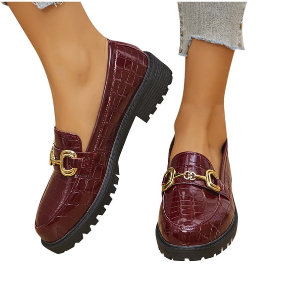 Gpaecead Women Metal Buckle Embossed Loafers Spring Summer Thick Sole Versatile Heightening Faux Leather Shoes, Burgundy