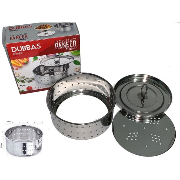 Dubbas - Round Paneer Maker, Easy to Use 5" Diameter X 2" Height (2.5 Cups / 625ML) Stainless Steel Indian Paneer Press Mould
