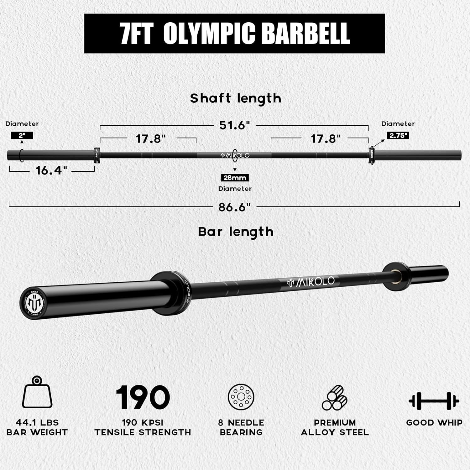 Tuekys 7.2FT Barbell for Weightlifting and Powerlifting 45lb, Bar for 1500lbs Capacity, Weight Bar Fit 2" Standard Weights