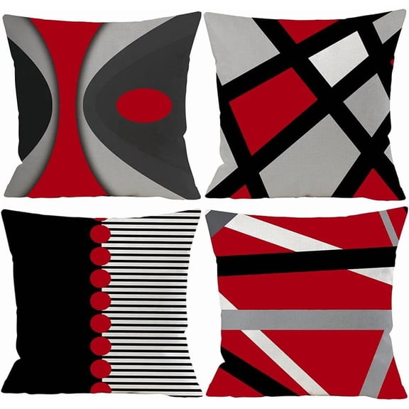 Black Red Decorative Throw Pillow Covers for Sofa, Living Room Pillow Cases for Couch Red Black,Outdoor Linen Geometric Square Cushion Covers with Zipper for Home Front Porch Bedroom Decor 20x20