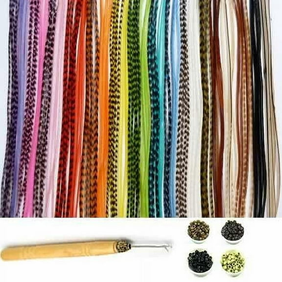 Sexy Sparkles Genuine Feather Hair Extensions 10 Long Single Feathers   10 Micro Beads & 1 Hook New Vivid Mix Tool Kit - 7"-11", 21 Pc
