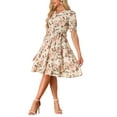 thumbnail image 3 of INSPIRE CHIC Women's Vintage Peter Pan Collar High Waist Flowy Midi Puff Sleeve Floral Dress XL Beige Pink, 3 of 4