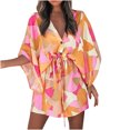 thumbnail image 2 of symoid Womens Dresses 2022- Summer Casual Button Front Printed V-Neck Loose Half Sleeve Drawstring Dresses Orange XXL, 2 of 6