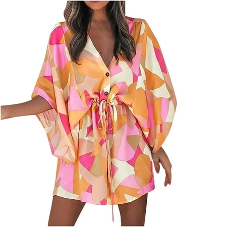 

Women s Casual V-Neck 3/4 Sleeve Mini Dresses Summer Boho Floral Print Buttons Belted Dress