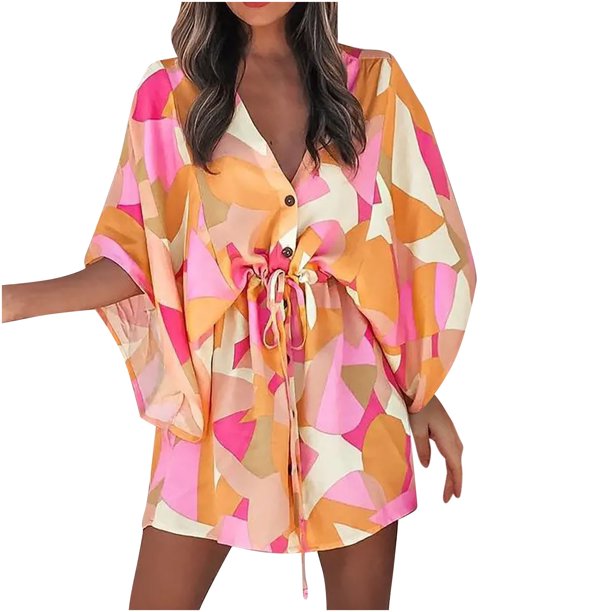 Vestidos casuales de verano con cordón de media manga y cuello en V con botones estampados en la parte delantera para mujer Fridja yut3545