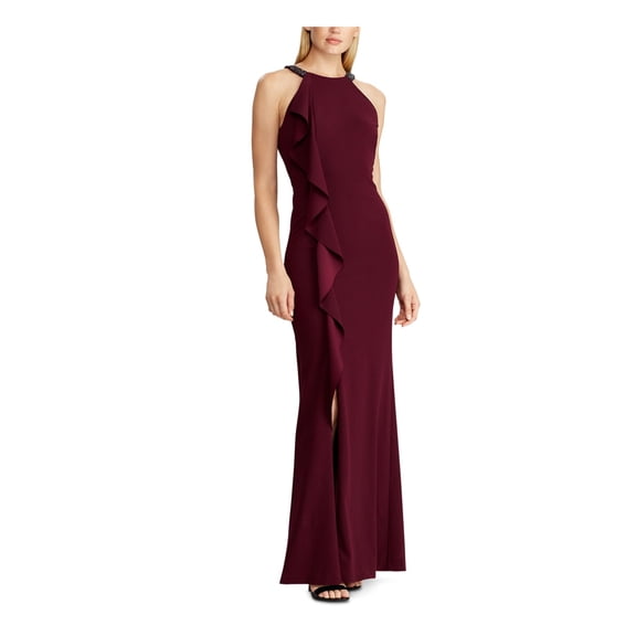 RALPH LAUREN Womens Burgundy Sleeveless Halter Maxi Evening Dress Size: 8