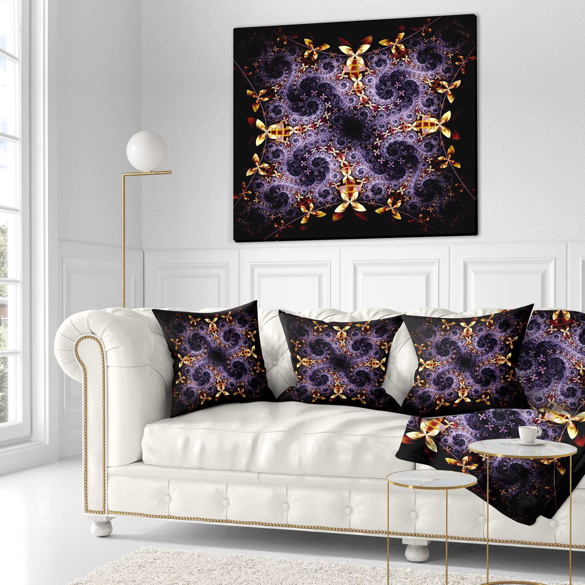 Designart Yellow and Violet Fractal Flower - Abstract Throw Pillow - 18x18