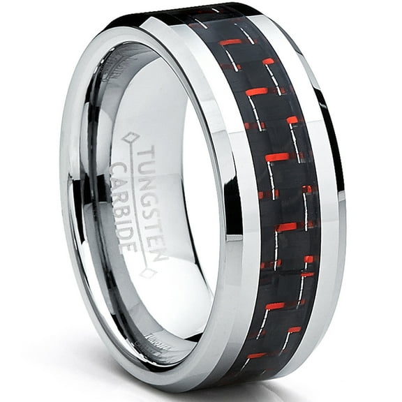 Metal Masters 8mm Mens Tungsten Carbide Ring Black Red Carbon Fiber Inlay