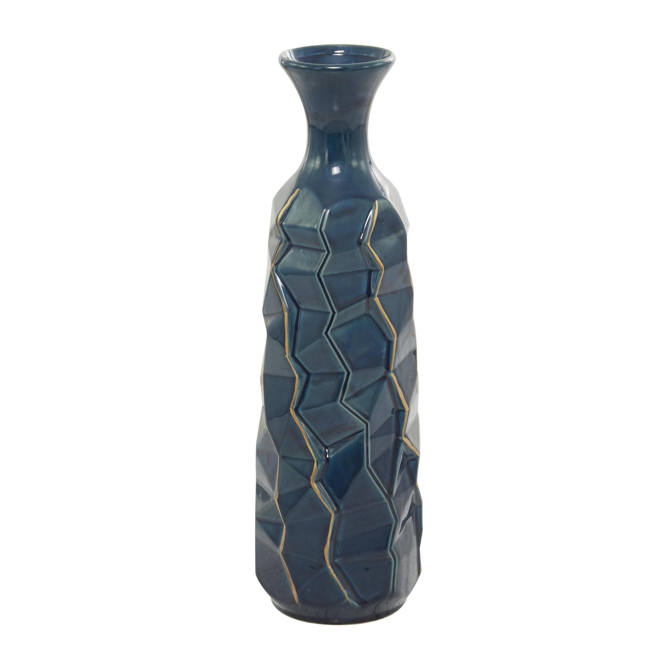 DecMode 21" Geometric Floor Teal Ceramic Vase with Gold Accents