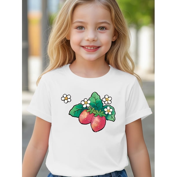 Girls' Casual Cotton T-Shirt with Strawberry & Flower Print - Comfy Round Neck, 95% Cotton Blend, Short Sleeve Summer Top, Everyday Youngsters's Clothing | Summer Fun Shirt | Nontransparent Material