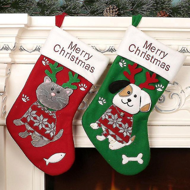 Medias navideñas decoradas con bonitos dibujos de gatitos y cachorros, calcetines navideños, bolsas de regalo, colgantes de Navidad, 37x23cm