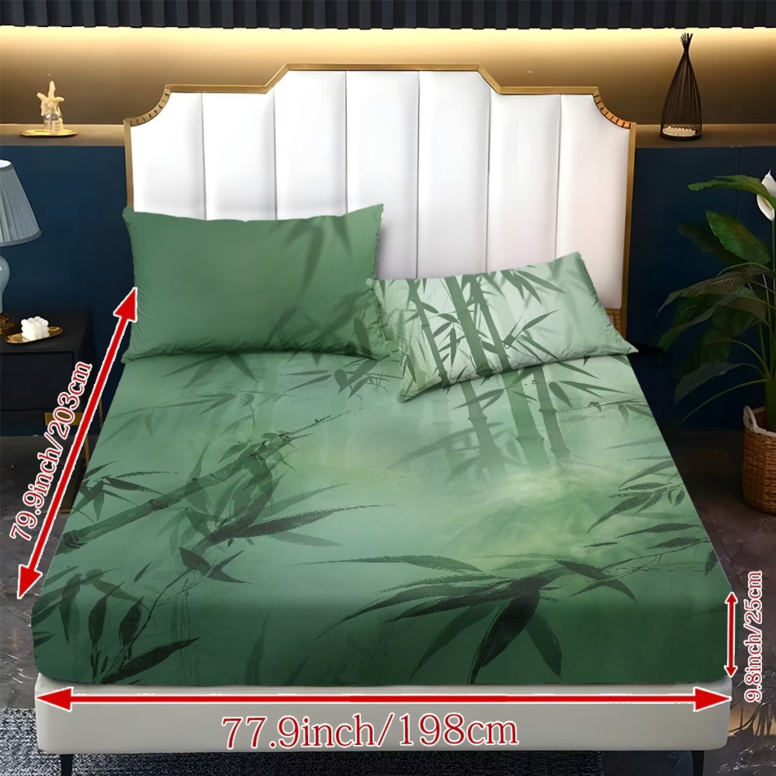 ZIATUBLES Oriental Bamboo Print Queen Size Sheet Set 3 Pcs, 1 Fitted Sheet and 2 Pillowcases, Oriental Style Bed Sheets with Elasticized 9.8" Pocket Soft Comfy Cooling Bedding Set