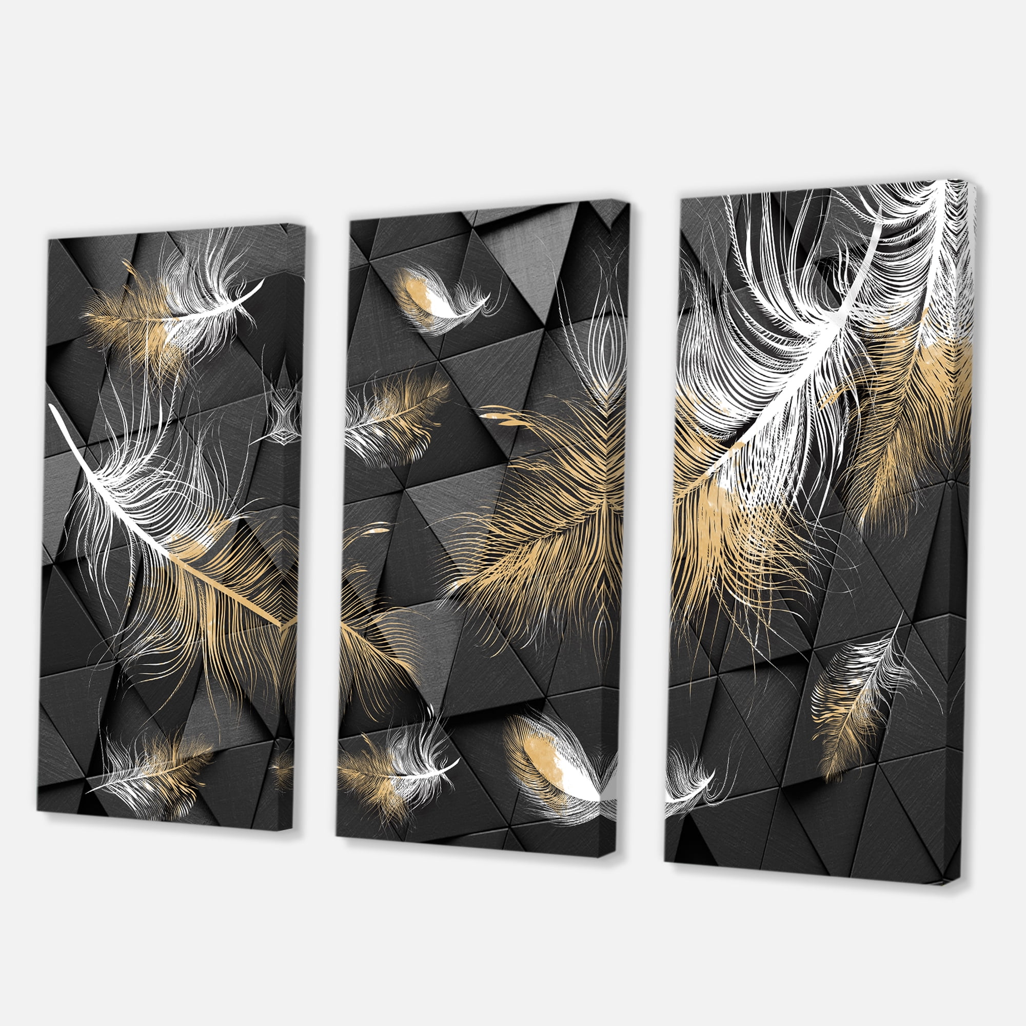 Gold and White Feathers On Triangular 28 in x 36 in Painting Canvas Art Print, by Designart