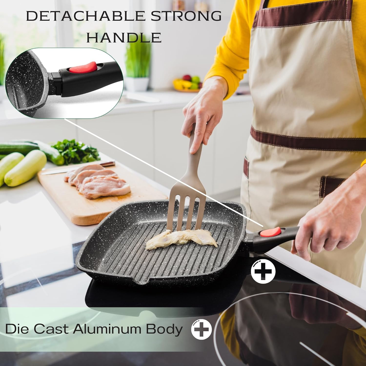 Moss & Stone Square Grill Pan For Indoor Cooking, Rv Die Casting Aluminum Grill Pan, Removable Handle Nonstick Stove Top Grill Pan for Meats & Vegetables, 11In Square Pan with Detachable Handle