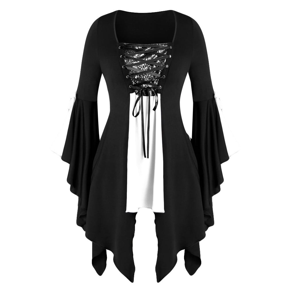 Womens Lace V Neck Tops Long Sleeve Ladies Halloween Gothic Party T-Shirt Blouse 