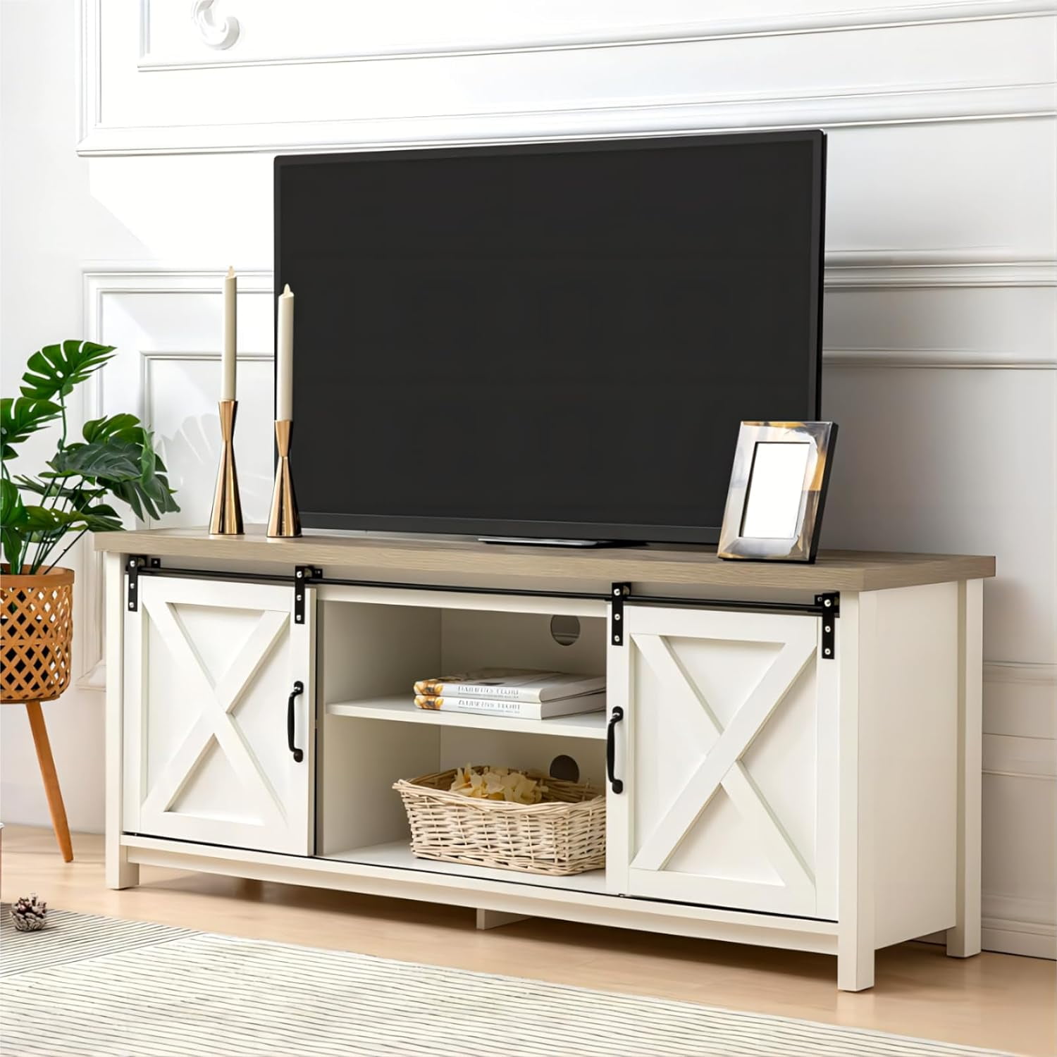 Reliancer Farmhouse TV Stand for TVs up to 65”, with Sliding Barn Doors, White