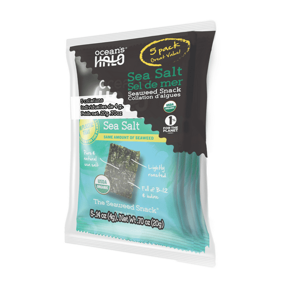 Ocean's Halo Organic Sea Salt Seaweed Snack, Trayless, 5-Pack, OCEAN'S HALO ORG SS SEAWEED SNACK