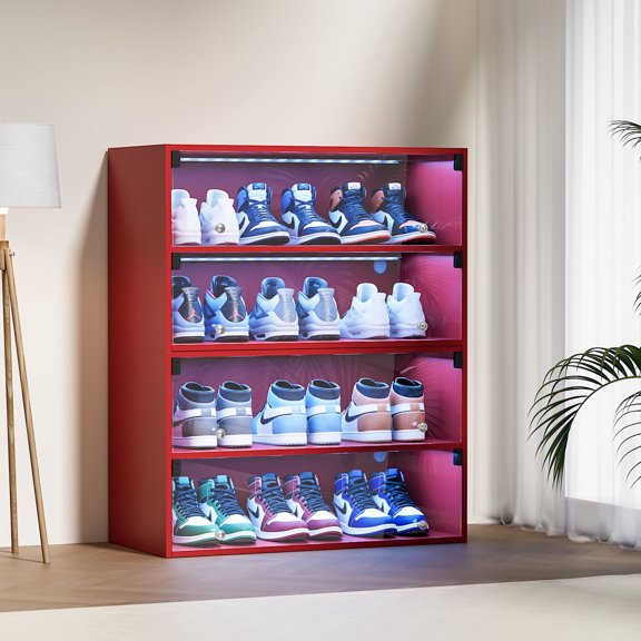 REDSASA Shoe Storage Cabinet with RGB LED Light - Clear Door Storage Display Case for 6 Sneakers Collection, Modern Shoe Box Organizer(Only 2 Floors)