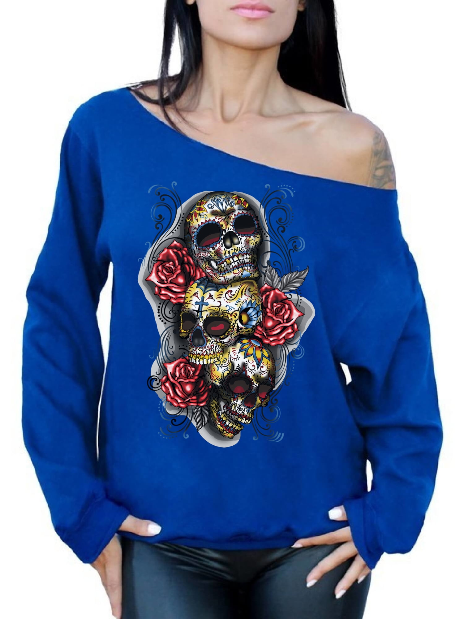 Awkward Styles Three Sugar Skull Off Shoulder Sweatshirt for Women