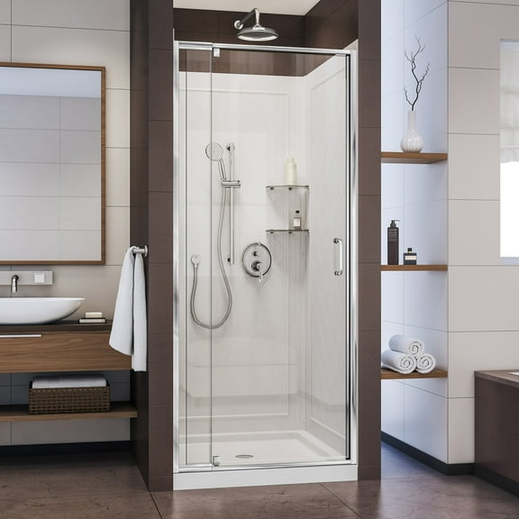 DreamLine Flex 36 in. D x 36 in. W x 76 3/4 in. H Semi-Frameless Shower Door in Chrome with White Base and Backwalls