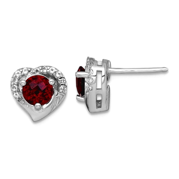 925 Sterling Silver Rhodium Plated Garnet and White Topaz Love Heart Post Earrings 9.2x9.15mm Wide Stud Earring for Wome