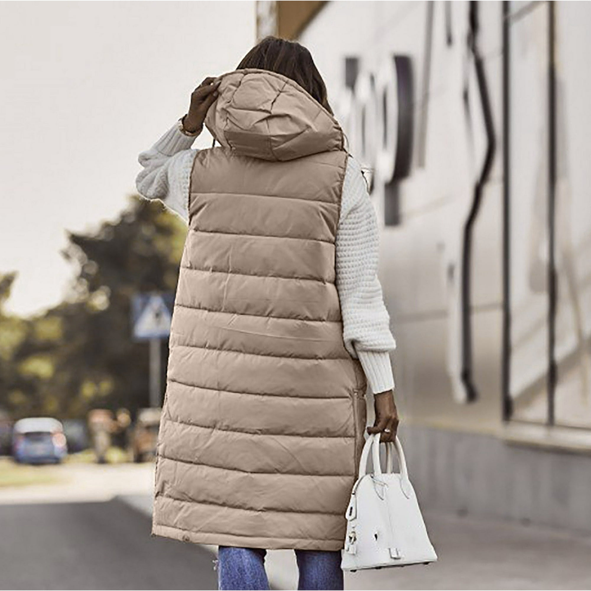 Women s Winter Hooded Long Down Vest Full Zip Sleeveless Puffer Vest Fashionable Coats Jacket Outerwear with Pockets Walmart