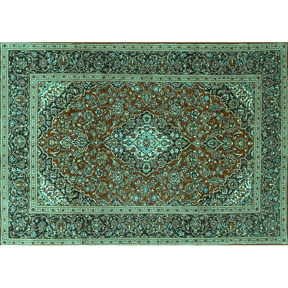 Ahgly Company Machine Washable Indoor Rectangle Medallion Turquoise Blue Traditional Area Rugs, 7' x 10'