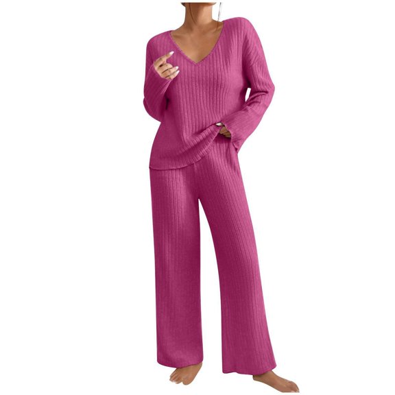 Soft Ribbed Fall Loungewear Outfit Women's Long Sleeve V-Neck Top & Relaxed Wide Leg Pants