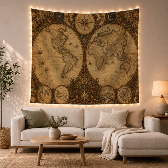 Antique World Map With Double Hemisphere Projection, Mystical Fantasy for Space Lovers, Galaxy Room Decor, Valentine's Day Gift, Tapestry Wall Hanging for Bedroom and Dorm