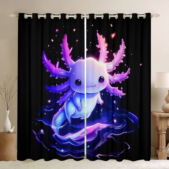 Castle Fairy Boys Girls Kawaii Axolotl Black Out Curtains,Cartoon Animal Salamander Curtains Pack of 2 (42x63 Each),Abstract Gradient Ombre Bedroom Curtains,Microfiber Bedroom Decor