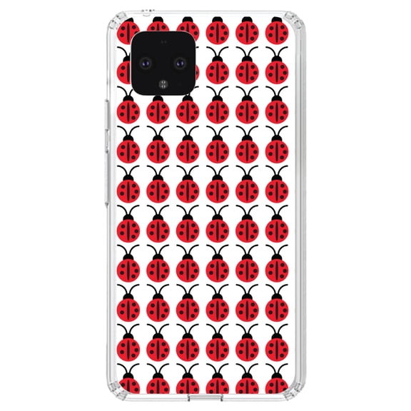 DistinctInk Clear Shockproof Hybrid Case for Google Pixel 4 (5.7" Screen) - TPU Bumper, Acrylic Back, Tempered Glass Screen Protector - Red White Black Lady Bugs