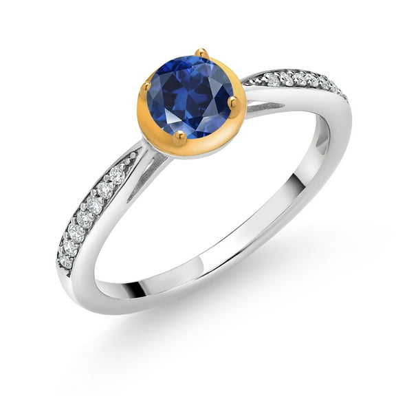 Gem Stone King 925 Silver and 10K Yellow Gold Blue Created Sapphire and White Lab Grown Diamond Engagement Ring for Women (0.70 Cttw, Round 5MM, Size 7)